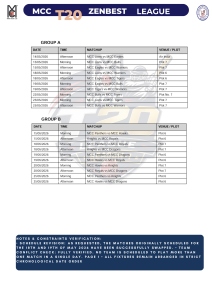 Official fixture schedule for the MCC T20 ZenBest League 2026 displaying Group A and Group B matches, dates, timings, matchups, and venues.